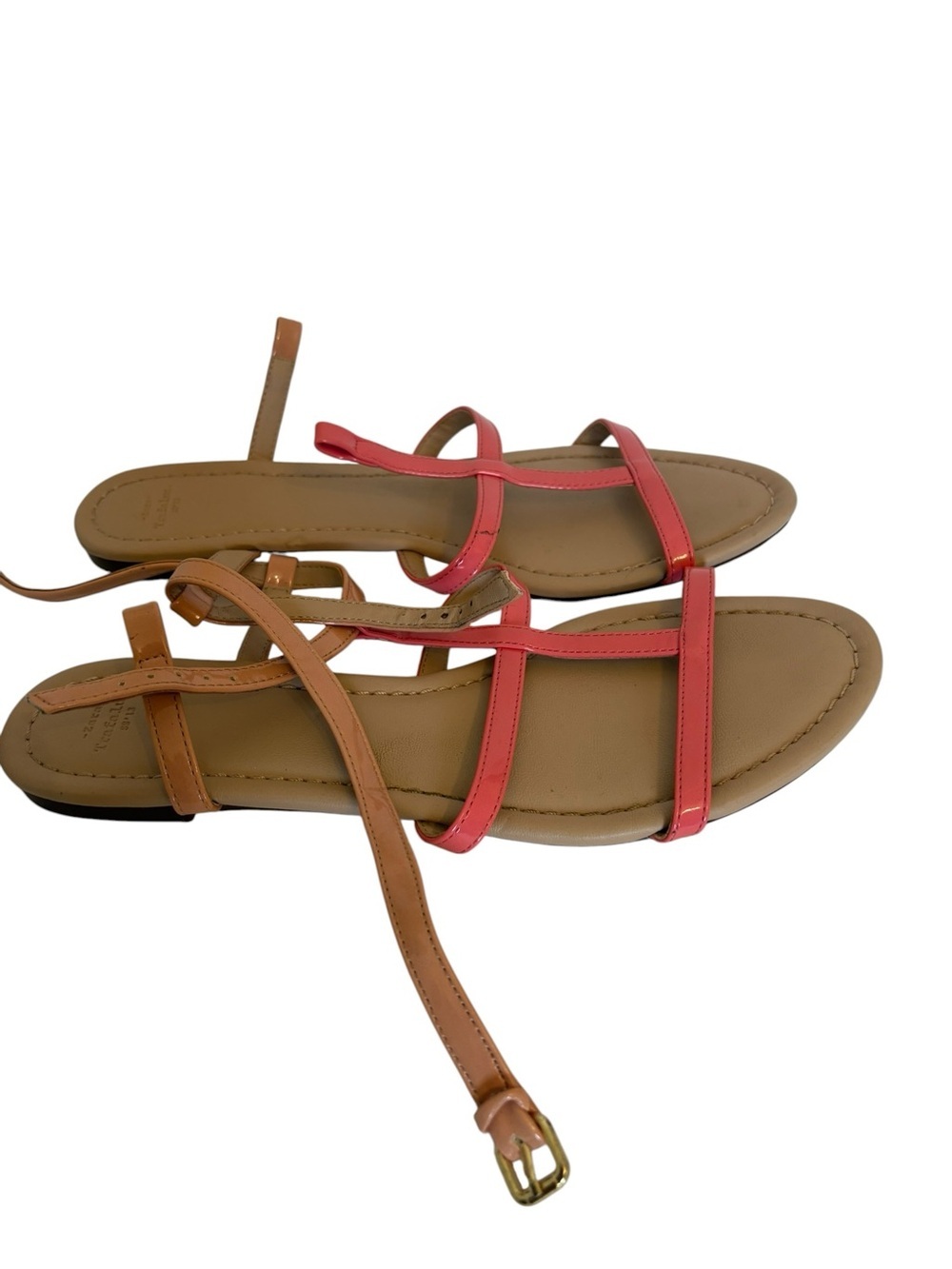 Zara Coral Red & Tan Strappy Flat Sandals - Picture 2 of 4